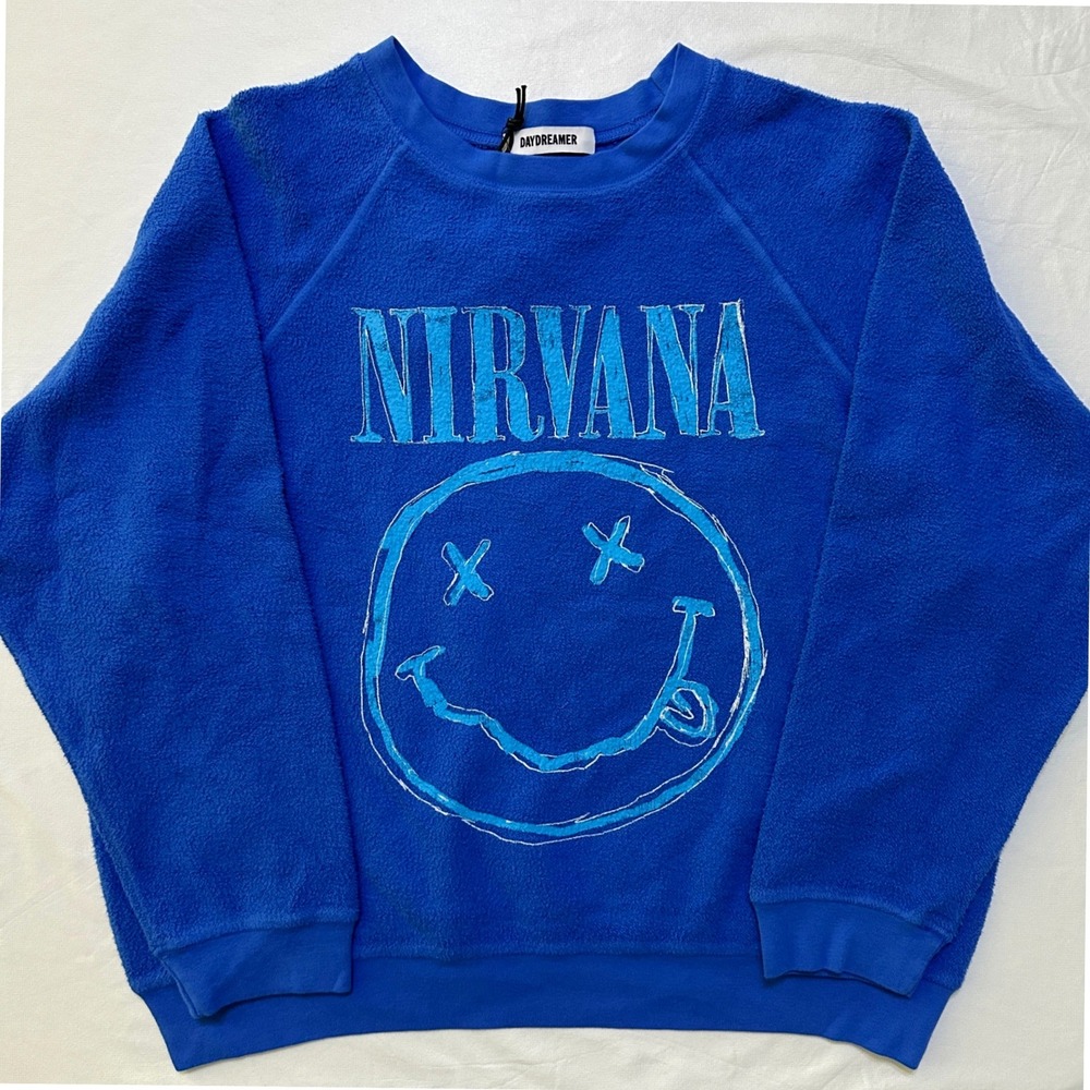 Daydreamer Nirvana Smiley Reverse Fleece Sweatshirt M Blue Grunge Rocker Indie